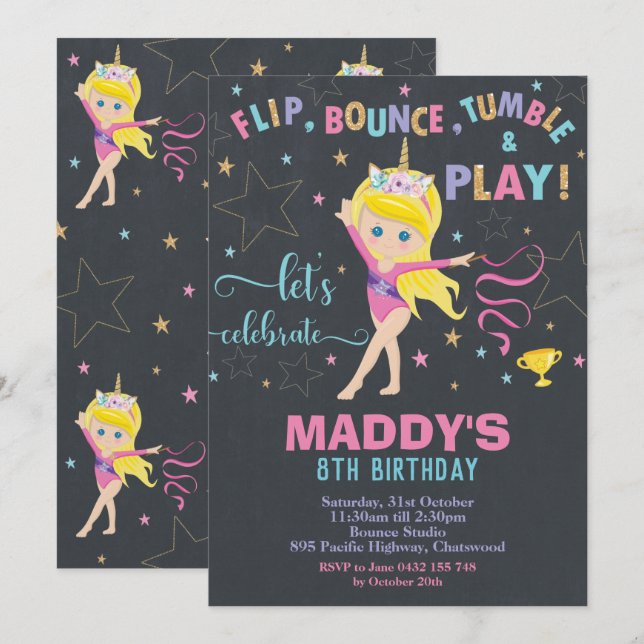 Gymnastics Birthday Party Unicorn Blond Girl Invitation (Front/Back)