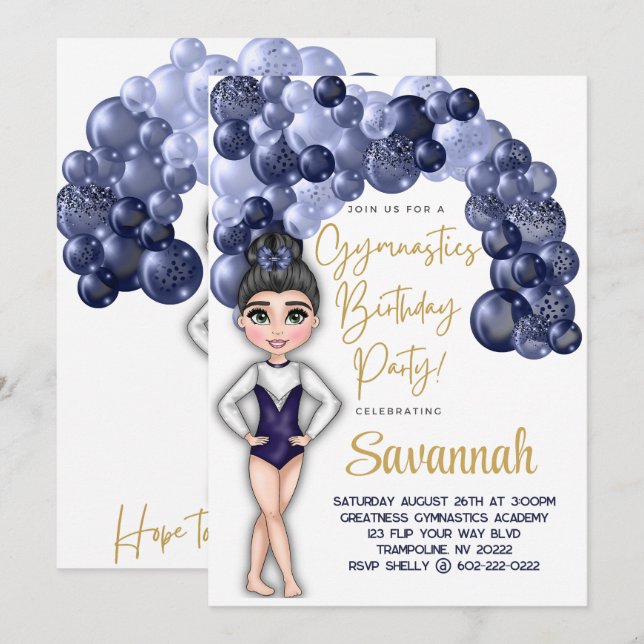 Gymnastics Birthday Party with Blue Balloon Arch Invitation (Front/Back)