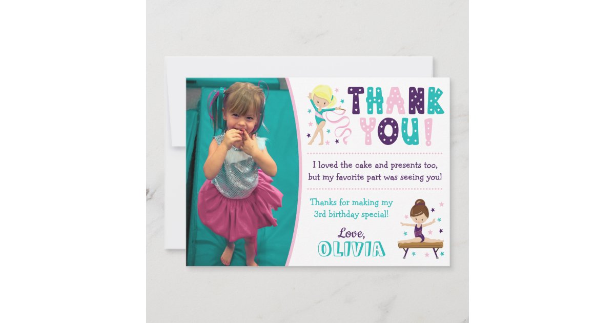 Gymnastics Birthday Thank You Card with Photo | Zazzle