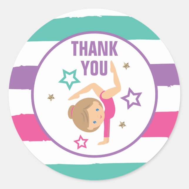Gymnastics Birthday Thank You Favor Classic Round  Classic Round Sticker (Front)