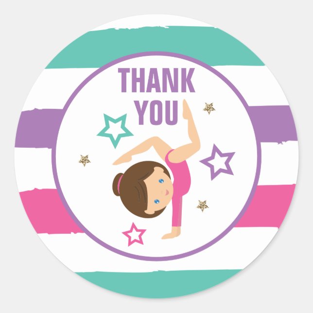 Gymnastics Birthday Thank You Favor Classic Round  Sticker (Front)