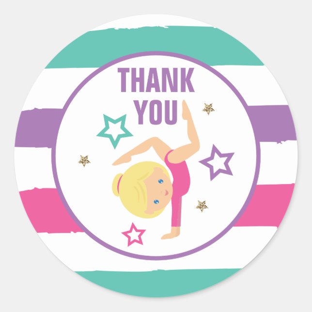 Gymnastics Birthday Thank You Favor Classic Round Sticker (Front)