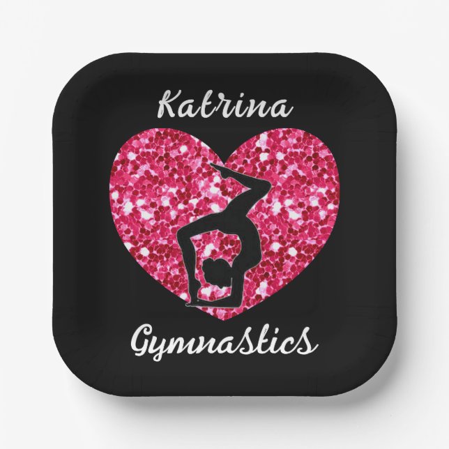 Gymnastics Black and Hot Pink Personalized  Paper Plates (Front)