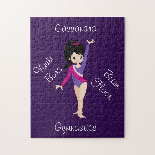 Gymnastics Black Hair Blue Eyes Purple Leotard   Jigsaw Puzzle