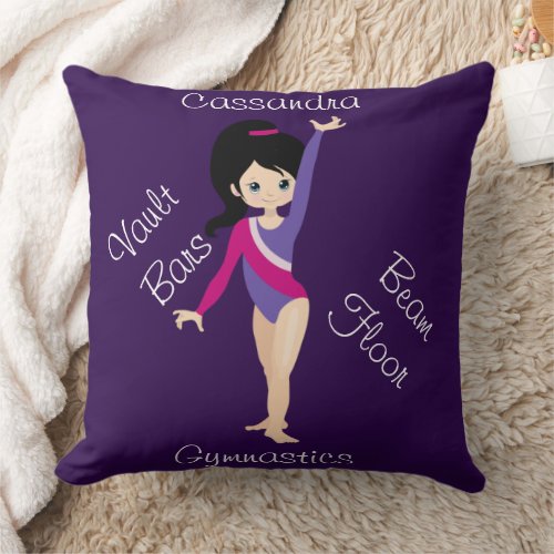 Gymnastics Black Hair Blue Eyes Purple Leotard   Throw Pillow