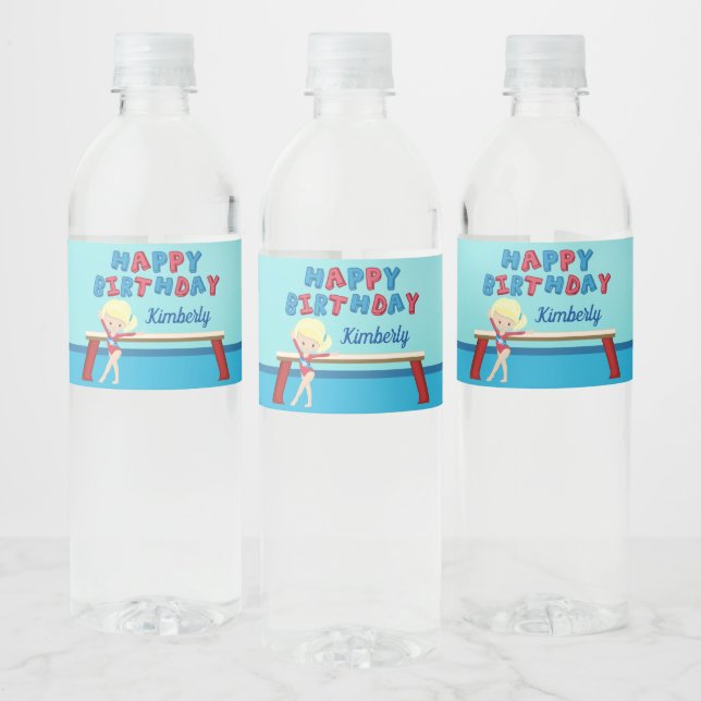 Gymnastics Blonde Girl Custom Happy Birthday Party Water Bottle Label (Bottles)