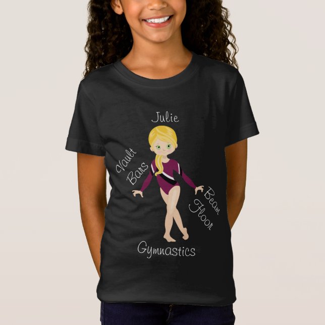 Gymnastics Blonde, Green Eyes, Burgundy Leotard   T-Shirt (Front)