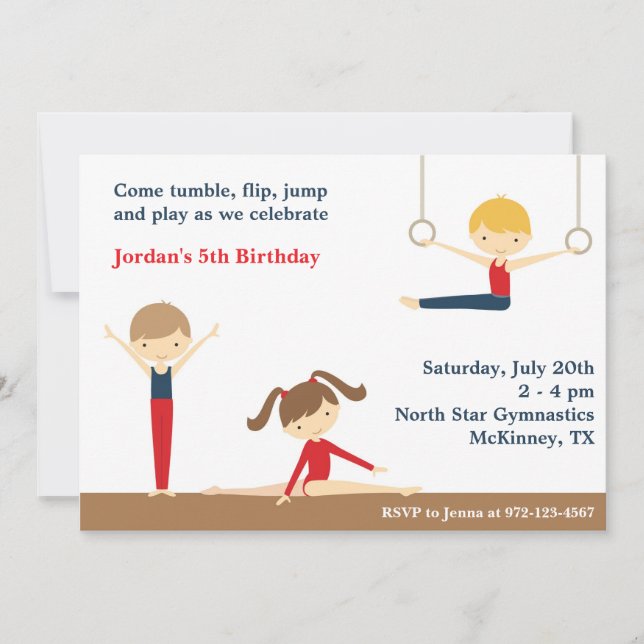 Gymnastics Boy and Girl Birthday Party Invitation (Front)