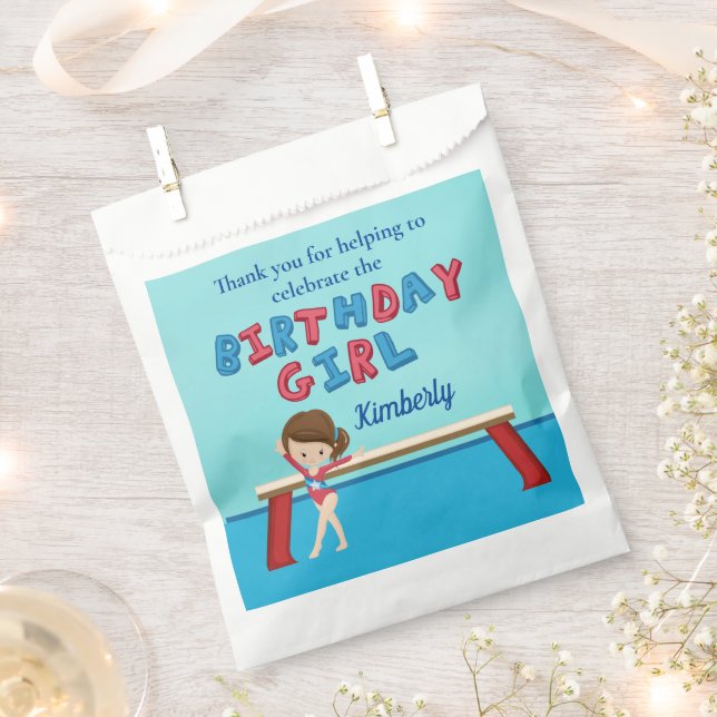 Gymnastics Brunette Girl Gymnast Birthday Party Favor Bag (Clipped)