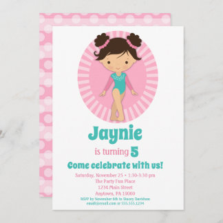 Gymnastics - Brunette Gymnast Pink Birthday Party Invitation