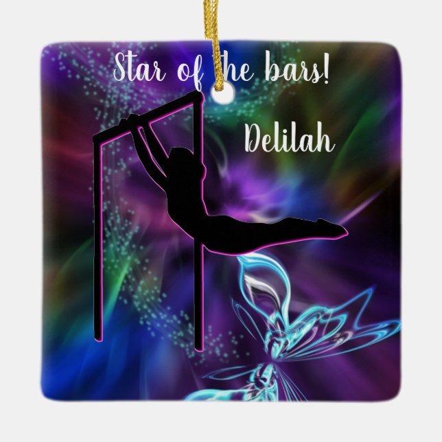 Gymnastics Butterfly Star of the Bars Personalized Ceramic Ornament (Front)