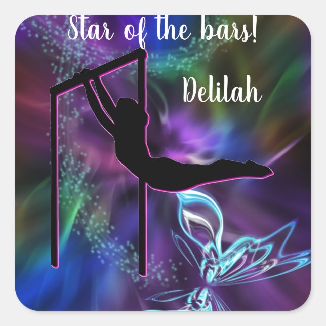 Gymnastics Butterfly Star of the Bars Personalized Square Sticker (Front)