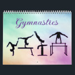 Gymnastics Calendar<br><div class="desc">Gymnastics Calendar - Has a beautiful variety of colorful backgrounds and gymnast silhouettes doing a variety of gymnastics skills and events! Gymnastics-themed calendar with spiral binding. The background is a pastel, rainbow-like gradient, with colors blending from light purple to light teal to pink, and soft, diffused transitions. The word "Gymnastics"...</div>