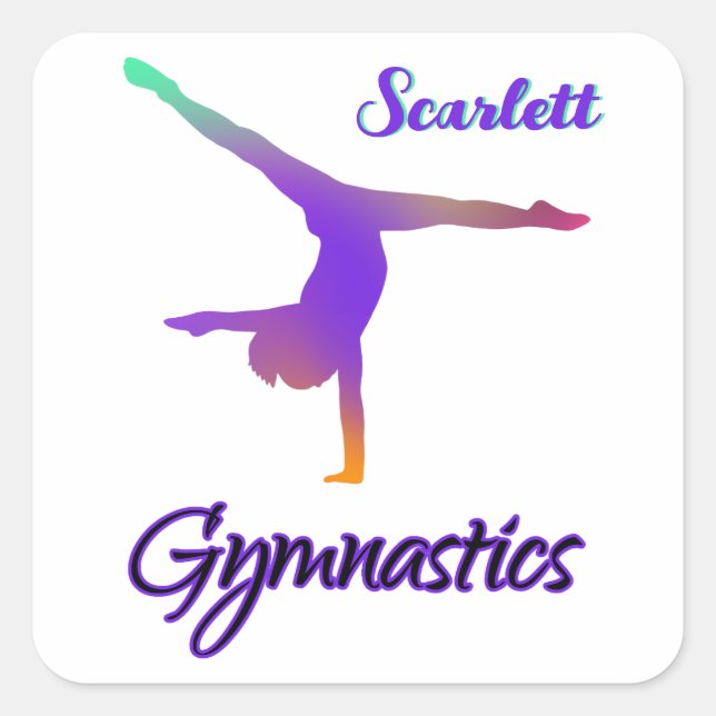 Gymnastics Cartwheel Pink Purple Personalized Square Sticker (Front)
