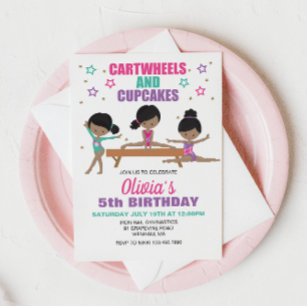 Gymnastics Cartwheels and Cupcakes Birthday Invita Invitation