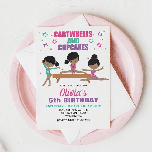 Gymnastics Cartwheels and Cupcakes Birthday Invita Invitation