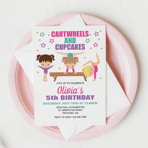Gymnastics Cartwheels and Cupcakes Birthday Invitation