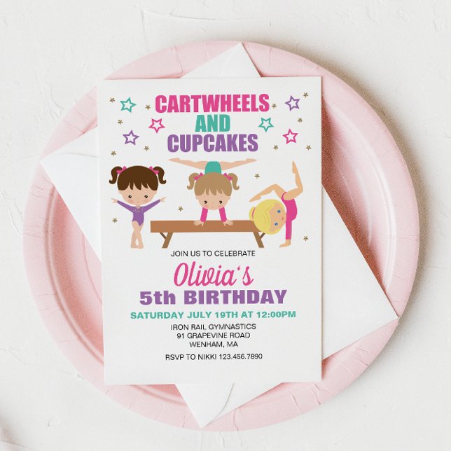 Gymnastics Cartwheels and Cupcakes Birthday Invitation (Creator Uploaded)