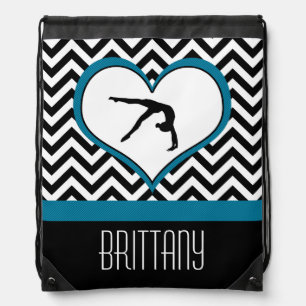 Gymnastics Chevron Heart with Monogram in Black Drawstring Bag