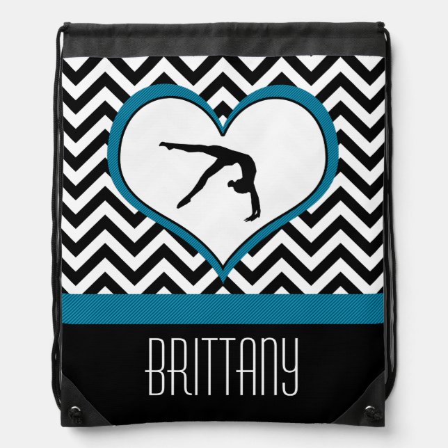 Gymnastics Chevron Heart with Monogram in Black Drawstring Bag (Front)