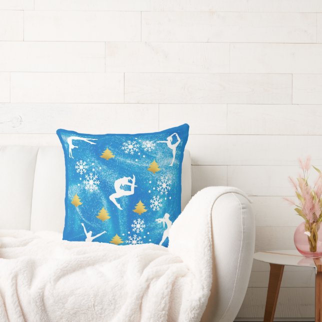 Gymnastics Christmas Blue Sparkle White Pattern Throw Pillow (Couch)