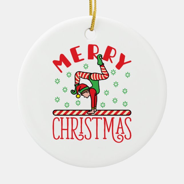 Gymnastics Christmas Elf on Beam Ceramic Ornament (Front)