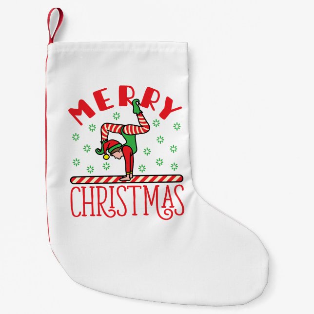 Gymnastics Christmas Elf on Beam Small Christmas Stocking (Front)