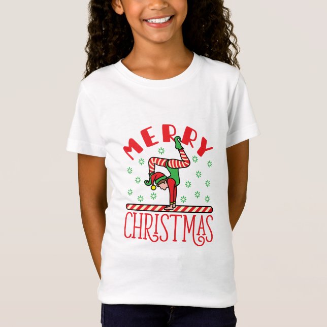 Gymnastics Christmas Elf on Beam T-Shirt (Front)