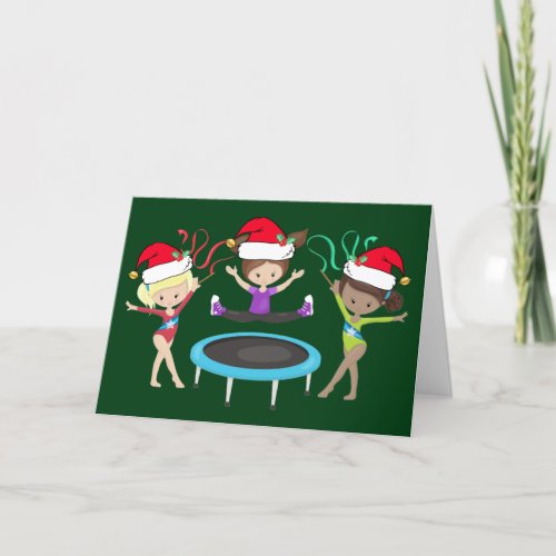 Gymnastics Christmas Girls in Santa Hats Cute Holiday Card