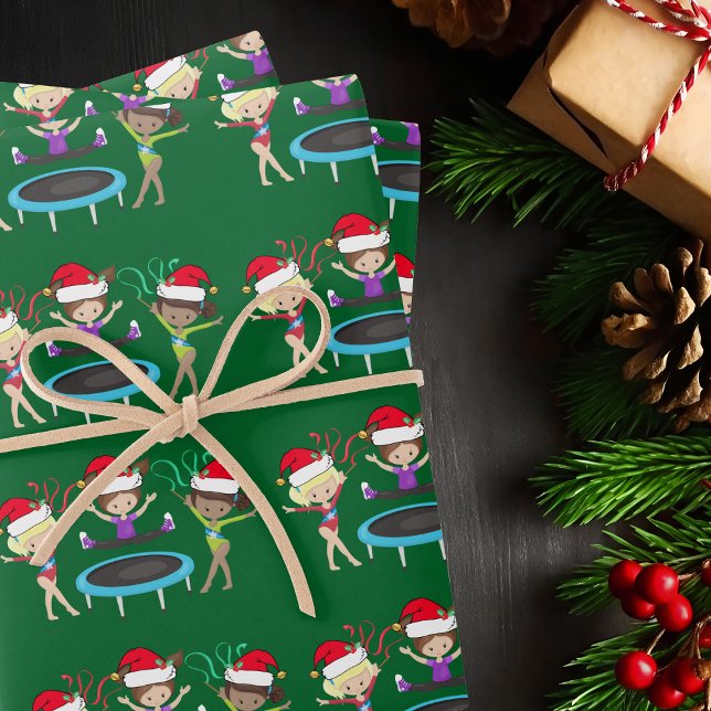 Gymnastics Christmas Gymnast Girls Cute Green Wrapping Paper Sheets (Creator Uploaded)