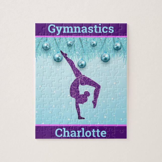 Gymnastics Christmas Purple Aqua Personalized   Jigsaw Puzzle (Vertical)