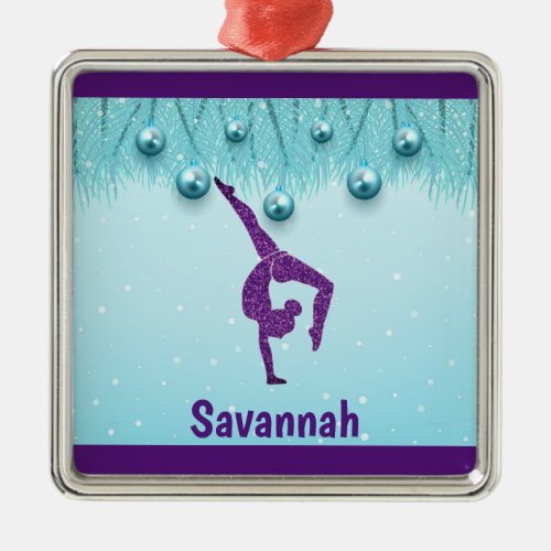 Gymnastics Christmas Purple Aqua Personalized    Metal Ornament