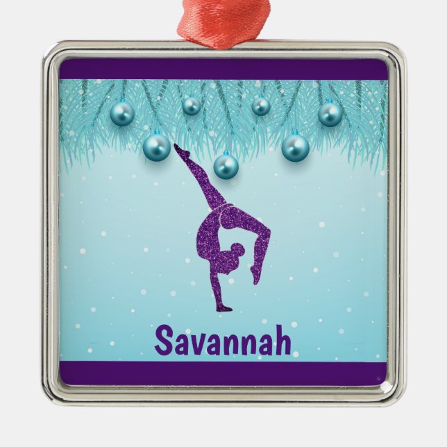 Gymnastics Christmas Purple Aqua Personalized    Metal Ornament (Front)