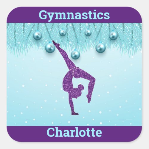 Gymnastics Christmas Purple Aqua Personalized   Square Sticker