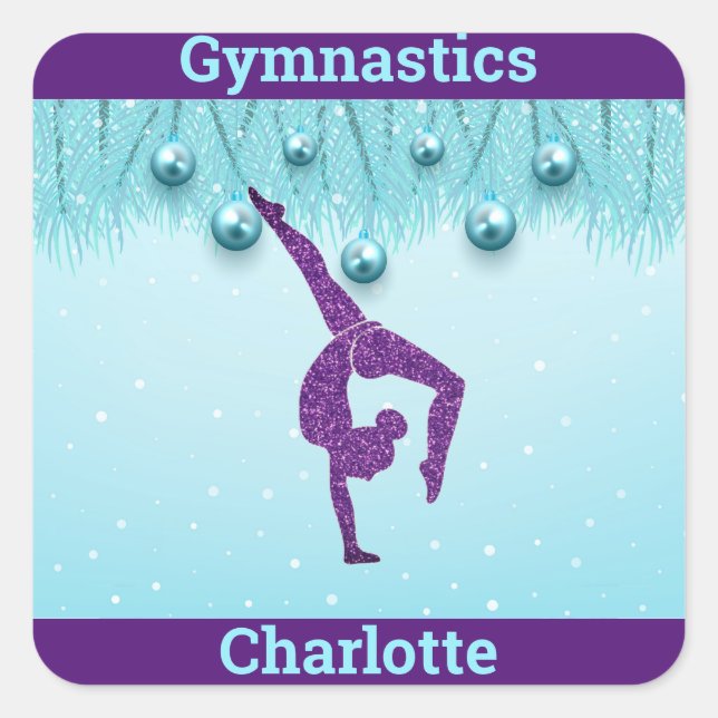 Gymnastics Christmas Purple Aqua Personalized   Square Sticker (Front)