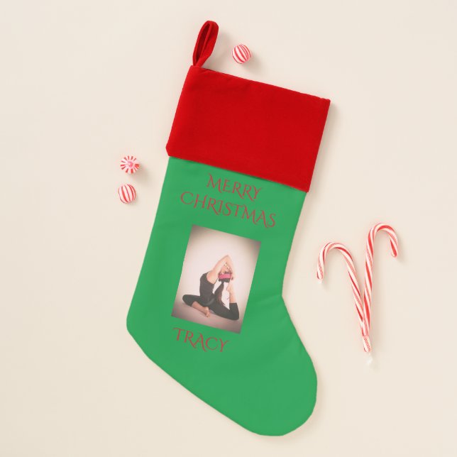 Gymnastics christmas stocking with custom name. (Front)
