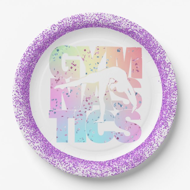 Gymnastics Confetti Letters with Purple Glitter Paper Plates (Front)