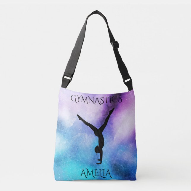 Gymnastics cross body tote with custom name. (Front)