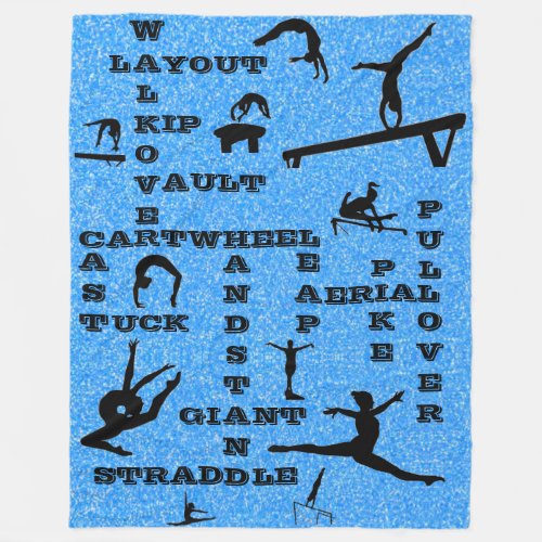 Gymnastics Crosswords Skills Blue Glitter Fleece Blanket