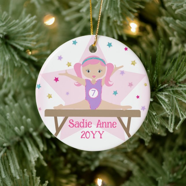 Gymnastics Cute Gymnast with Pink Hair Custom Gift Ceramic Ornament (Tree)