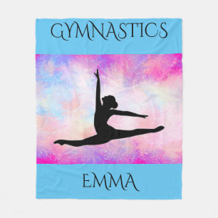 Gymnastics fleece blanket with personalized name.