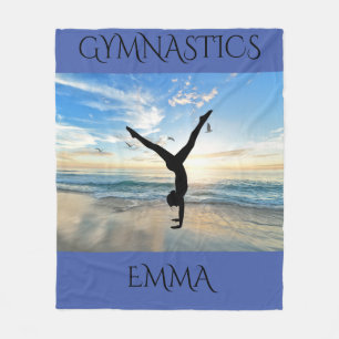 Gymnastics fleece blanket with personalized name.