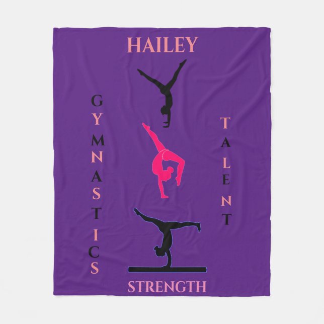 Gymnastics fleece blanket with personalized name. (Front)