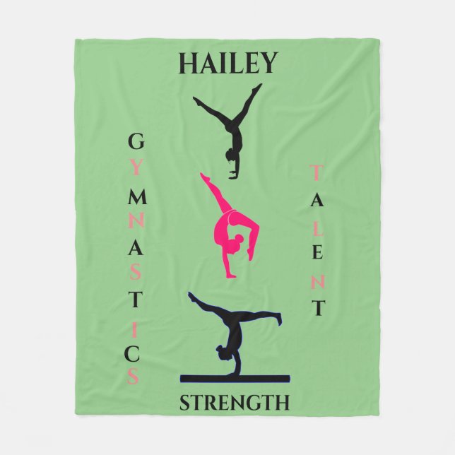 Gymnastics fleece blanket with personalized name. (Front)