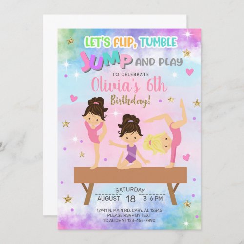 Gymnastics flip tumble jump  play girl birthday invitation