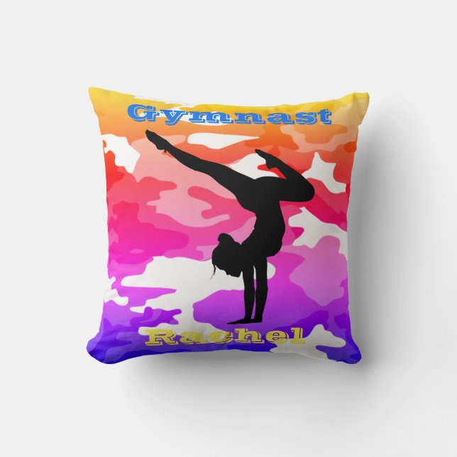 Gymnastics Floor, Beam, Vault, Bars Rainbow Camo Throw Pillow (Front)