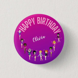 Gymnastics Friends "Happy Birthday" Pink Purple Button