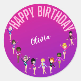 Gymnastics Friends "Happy Birthday" Pink Purple Classic Round Sticker