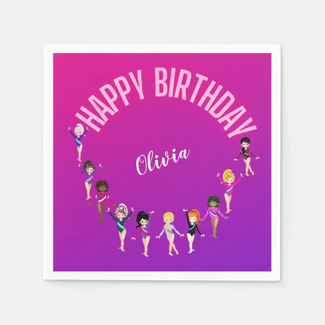 Gymnastics Friends "Happy Birthday" Pink Purple   Napkins (Front)