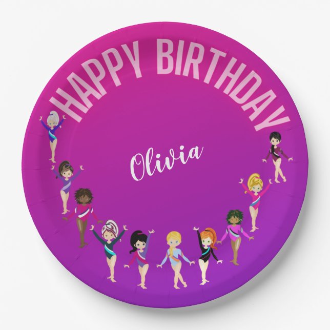 Gymnastics Friends "Happy Birthday" Pink Purple  Paper Plates (Front)